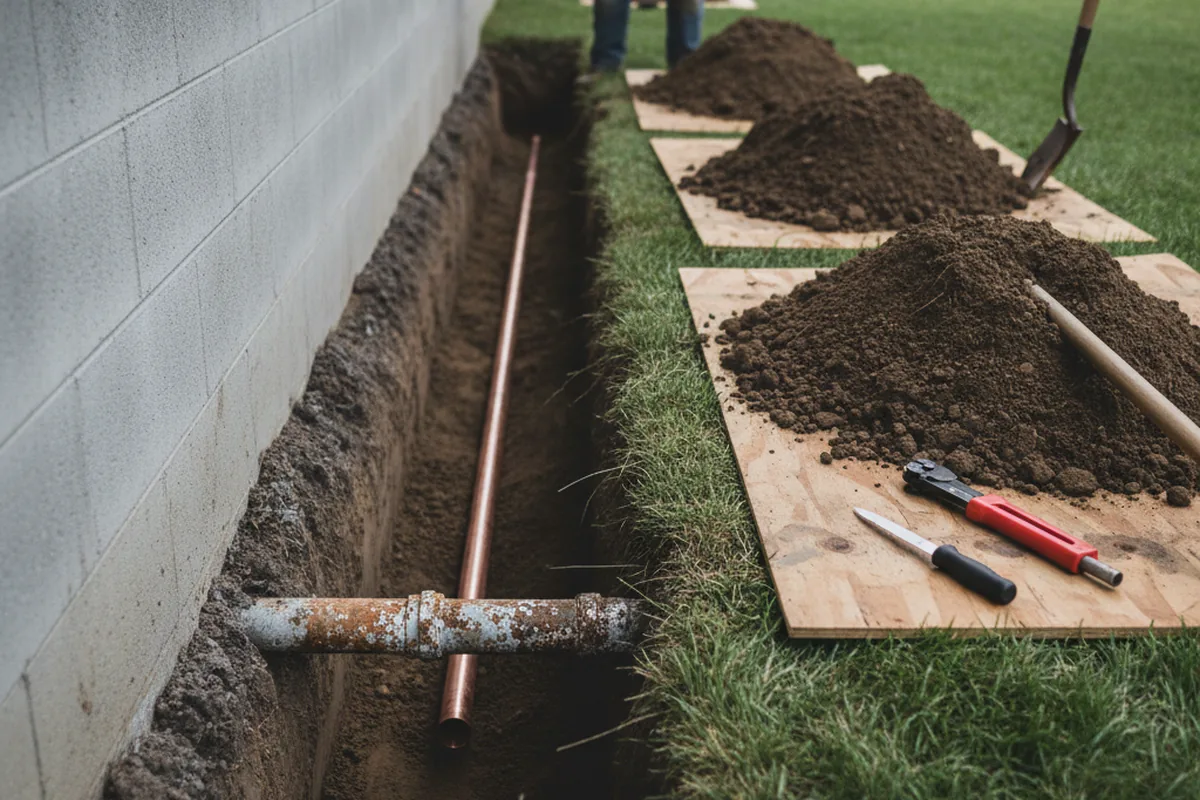 Excavated water line trench during Water Softener Installation in Estill